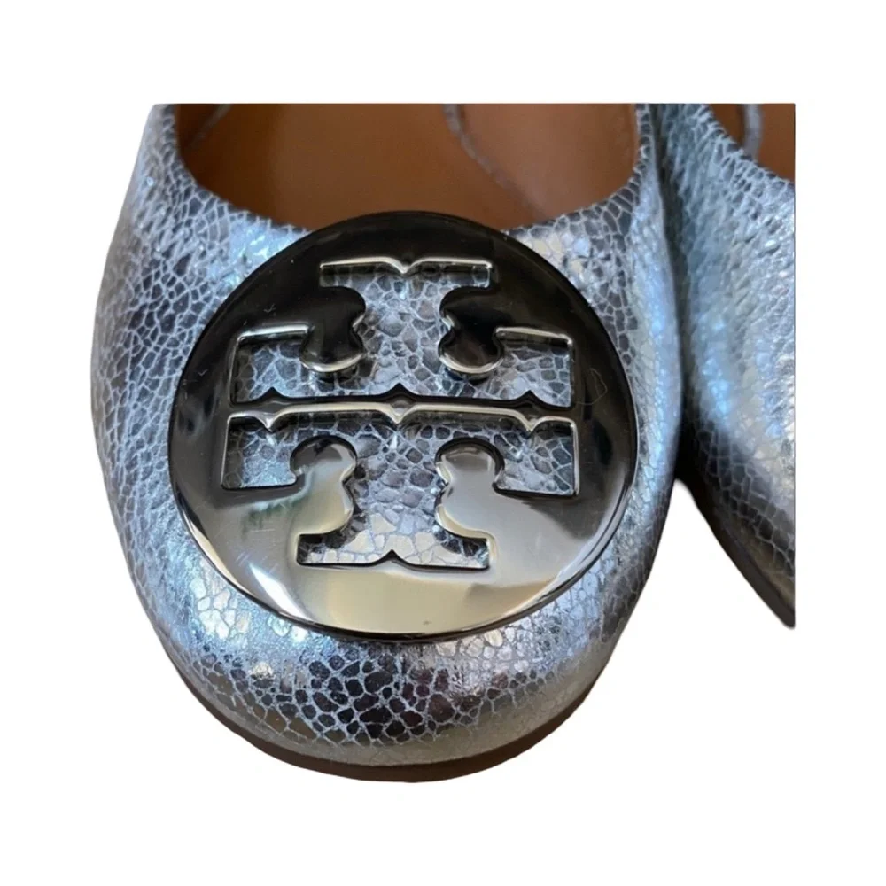 Tory Burch Reva Ballet Flats Silver Crackle Leather Size 5 RARE NWOT NOT WORN - Picture 6 of 15